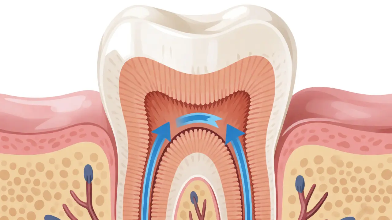 Anatomický řez zubem znázorňující dentinové kanálky a bolest