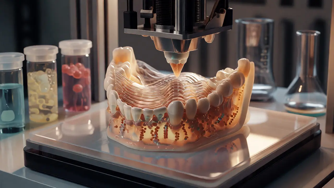 Bioprinter tiskne živou tkáň ve tvaru části lidské čelisti.