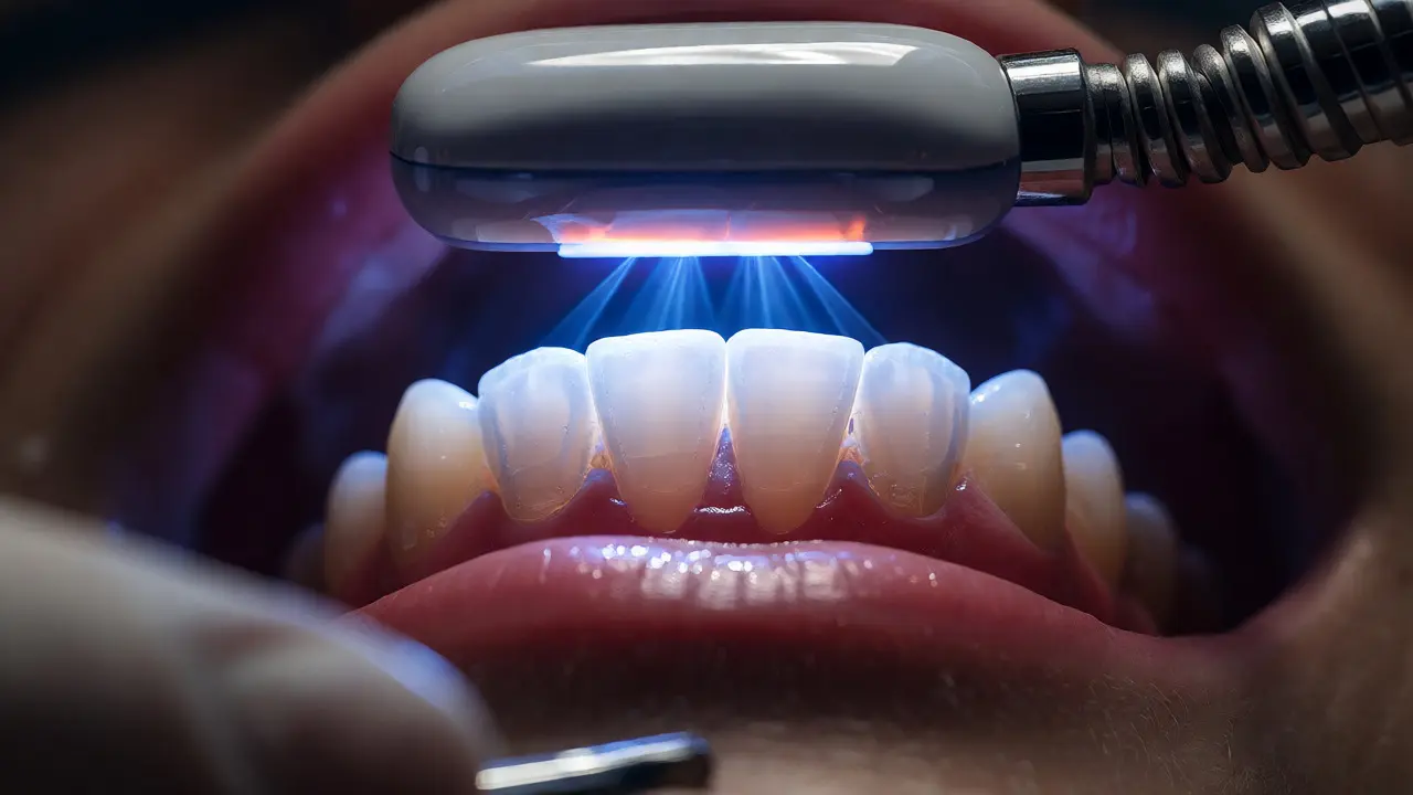 Detailní záběr na aktivaci bělicího gelu pomocí LED světla během zákroku