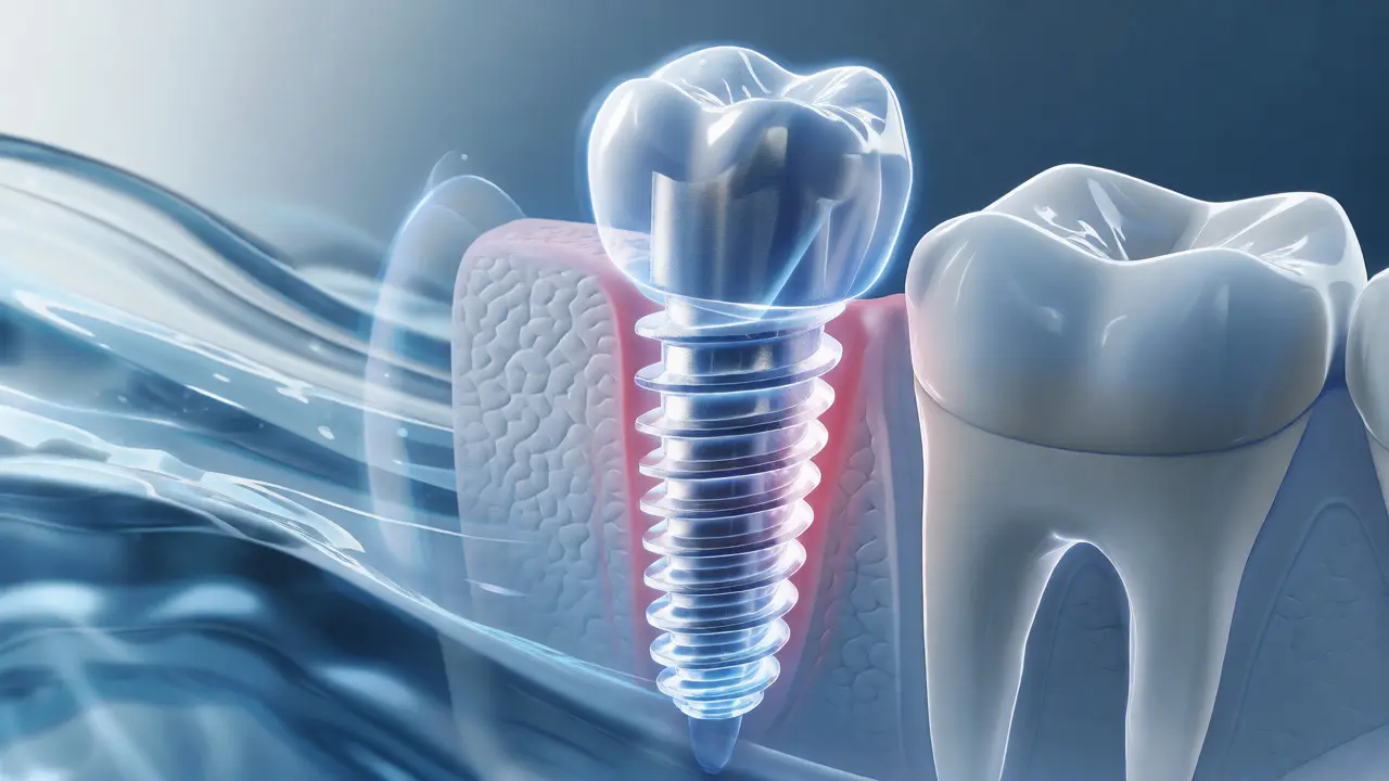 Ilustrace hojícího se zubního implantátu v kosti