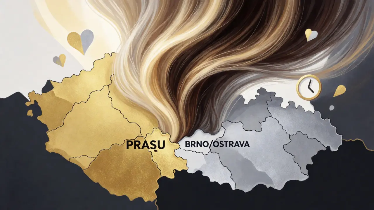 Konceptuální ilustrace mapy Česka s barevnými účesy znázorňujícími výdělkové faktory.