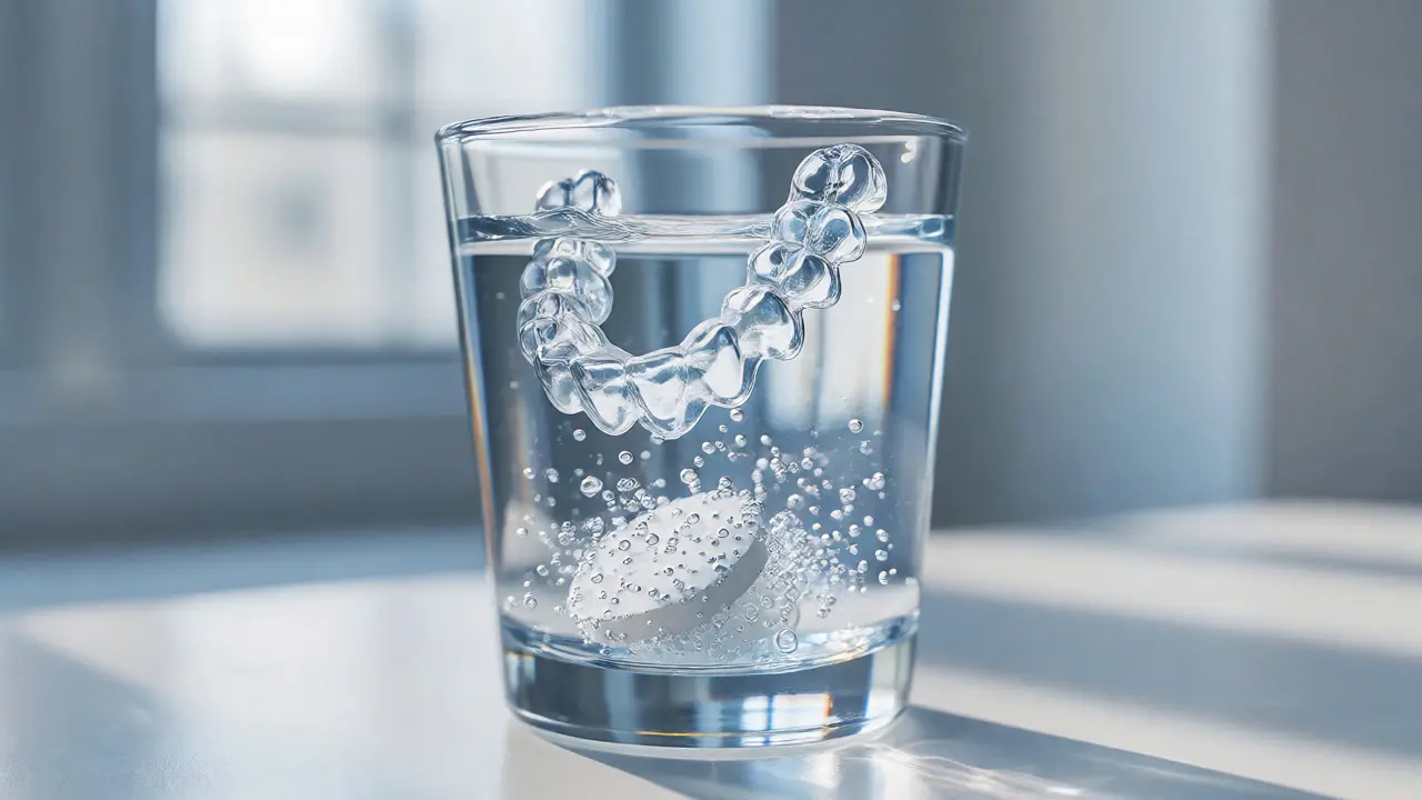Průhledná rovnátka namočená ve vodě s čisticí tabletou