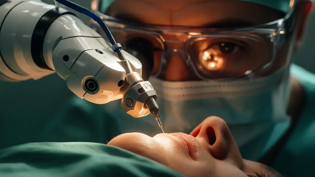 Robotická ruka provádí precizní zákrok u čelisti pod dohledem chirurga.
