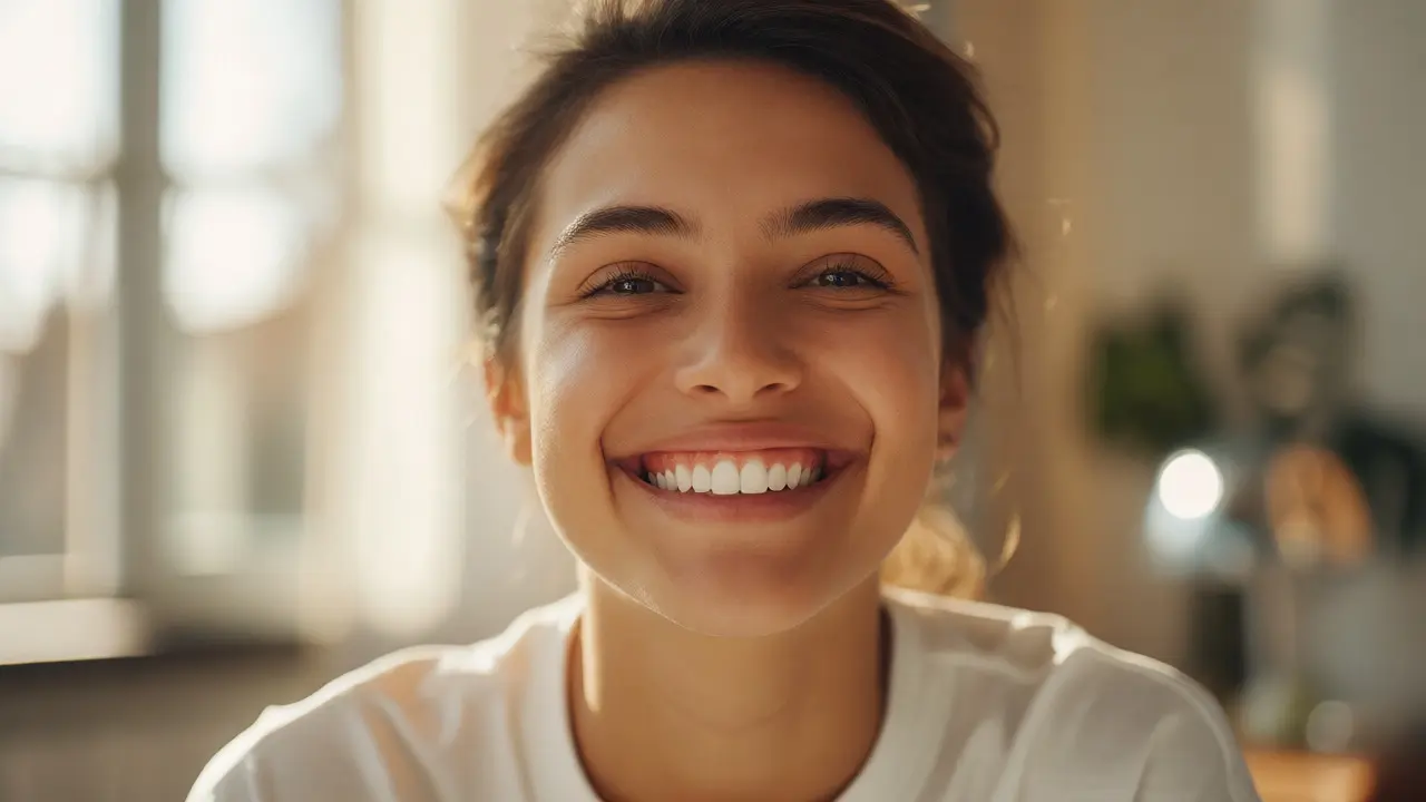 Šťastný úsměv s čistými zuby po ošetření dentální hygienou