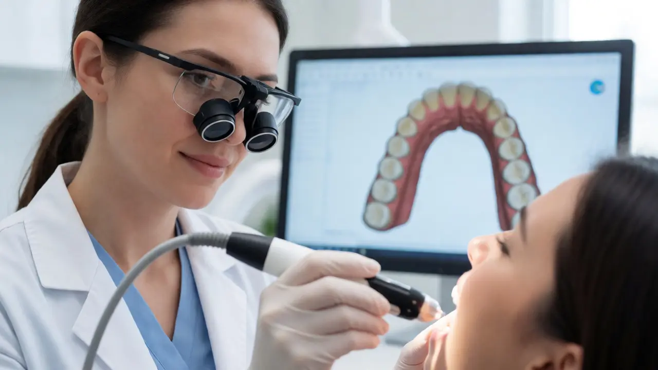 Zubní lékař používá intraorální skener pro vytvoření 3D modelu zubů