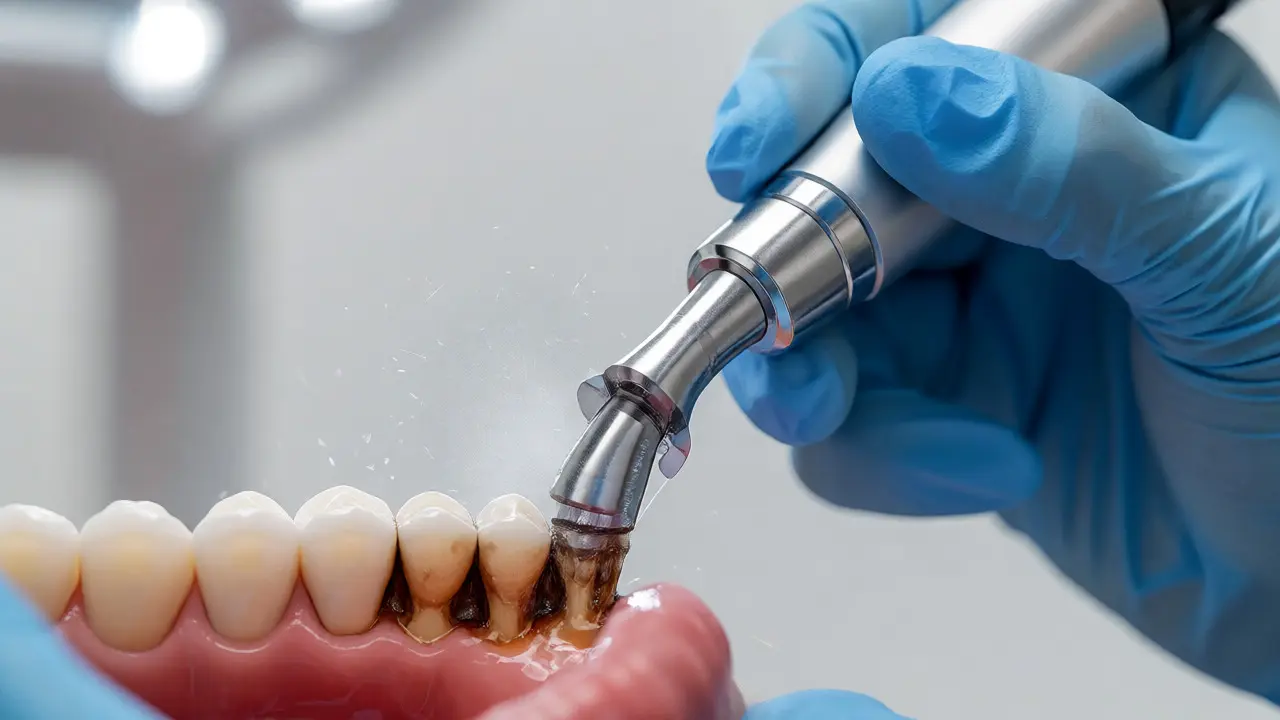 Dentální hygienistka odstraňuje zubní kámen ultrazvukem