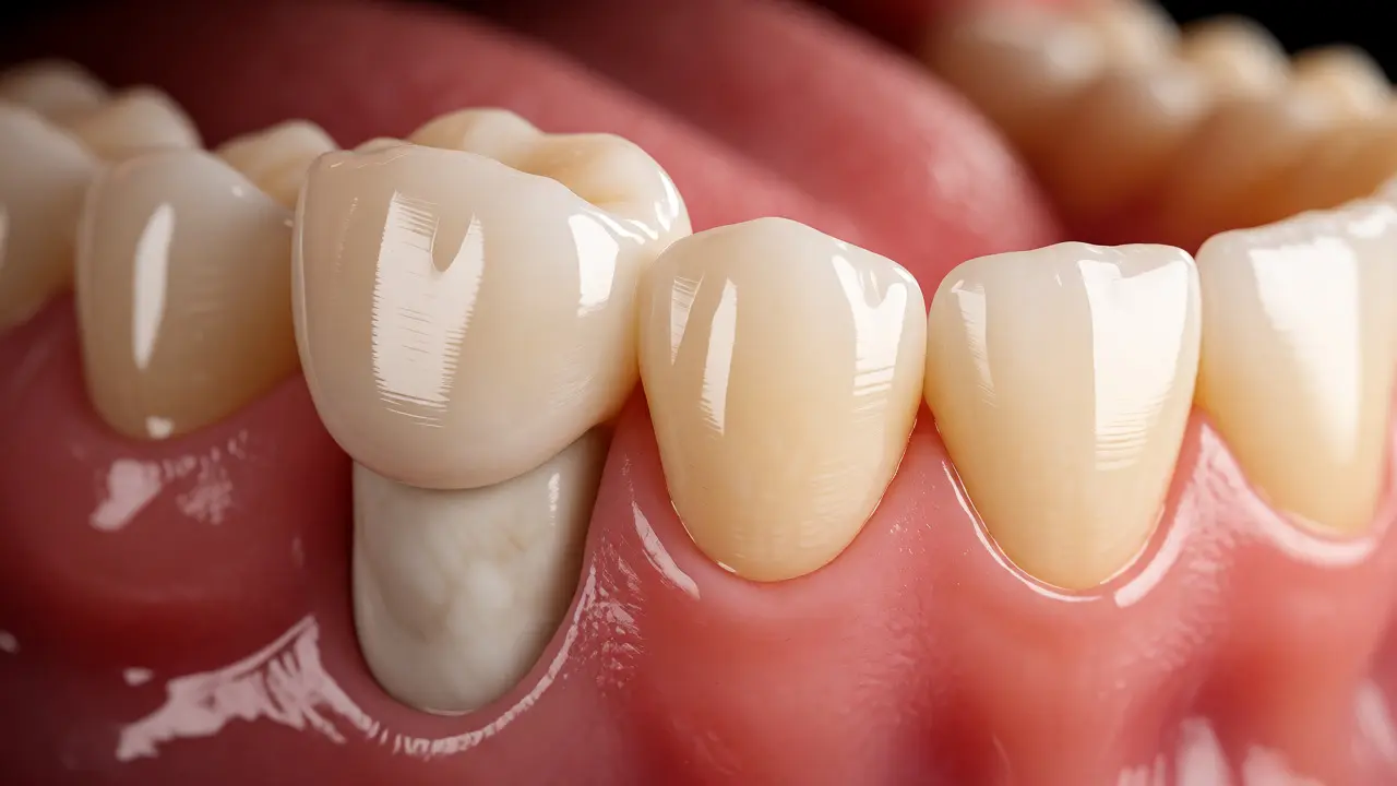 Detail hotové keramické korunky na zubním implantátu