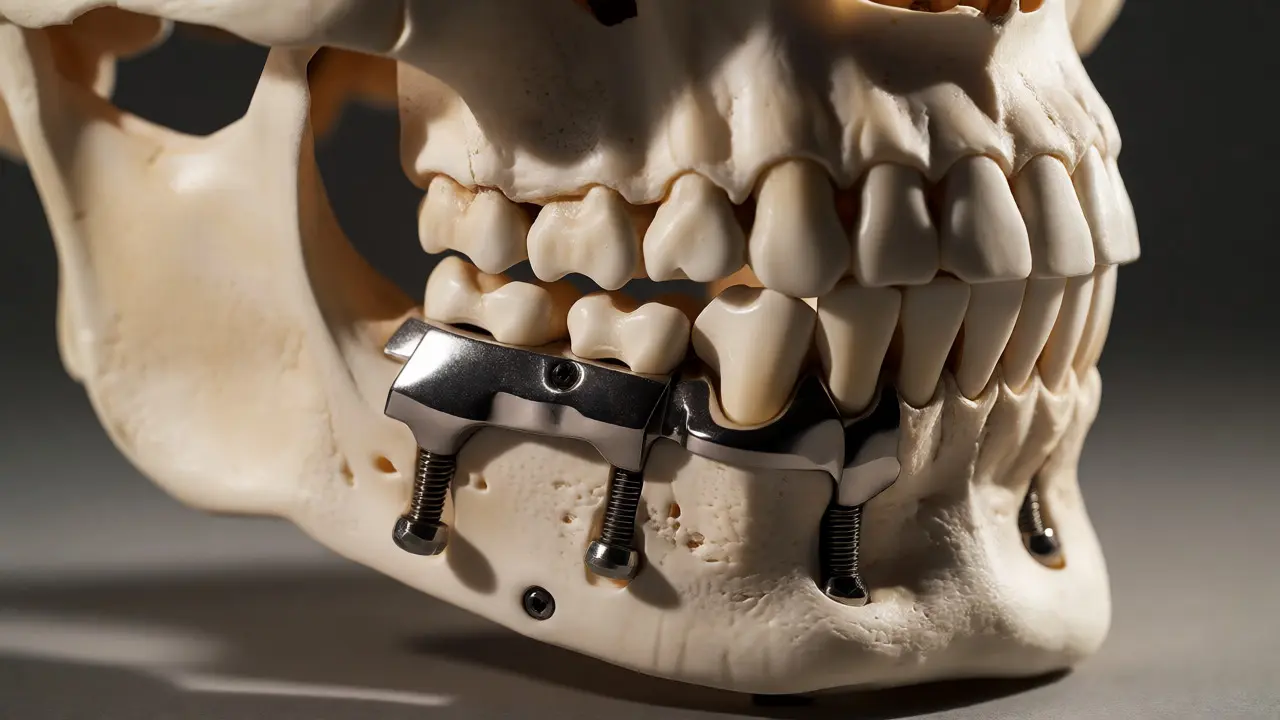 Detailní model spodní čelisti se zlomeninou fixovanou titanovými destičkami.