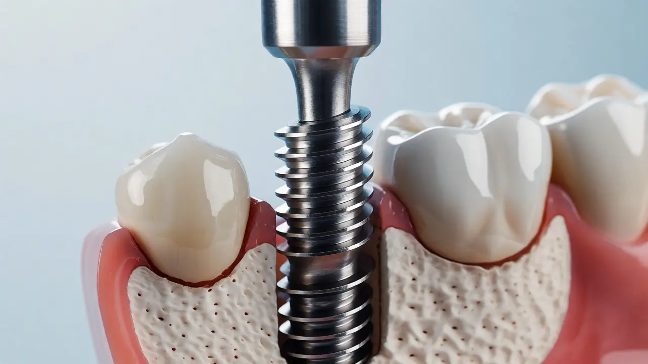 Detailní pohled na titanový zubní implantát zaváděný do čelistní kosti.