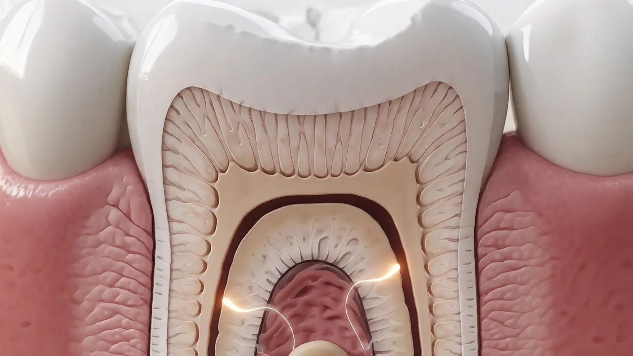 Detailní řez zubem s odhaleným dentinem