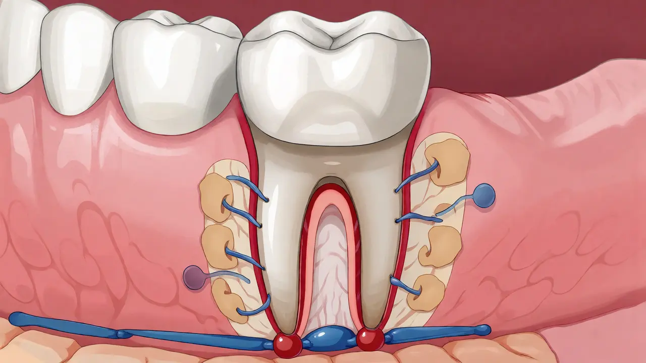 Medicínská ilustrace remodelace kosti kolem zubu při nošení rovnátek.