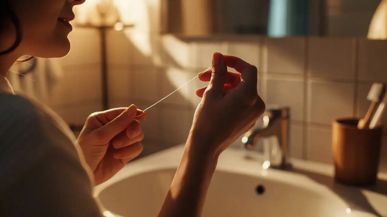 Osoba používající dentální nit pro prevenci mezizubního kazu
