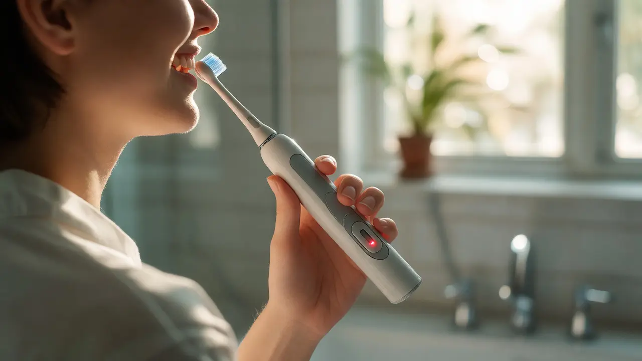 Osoba správně používá elektrický kartáček s indikátorem tlaku