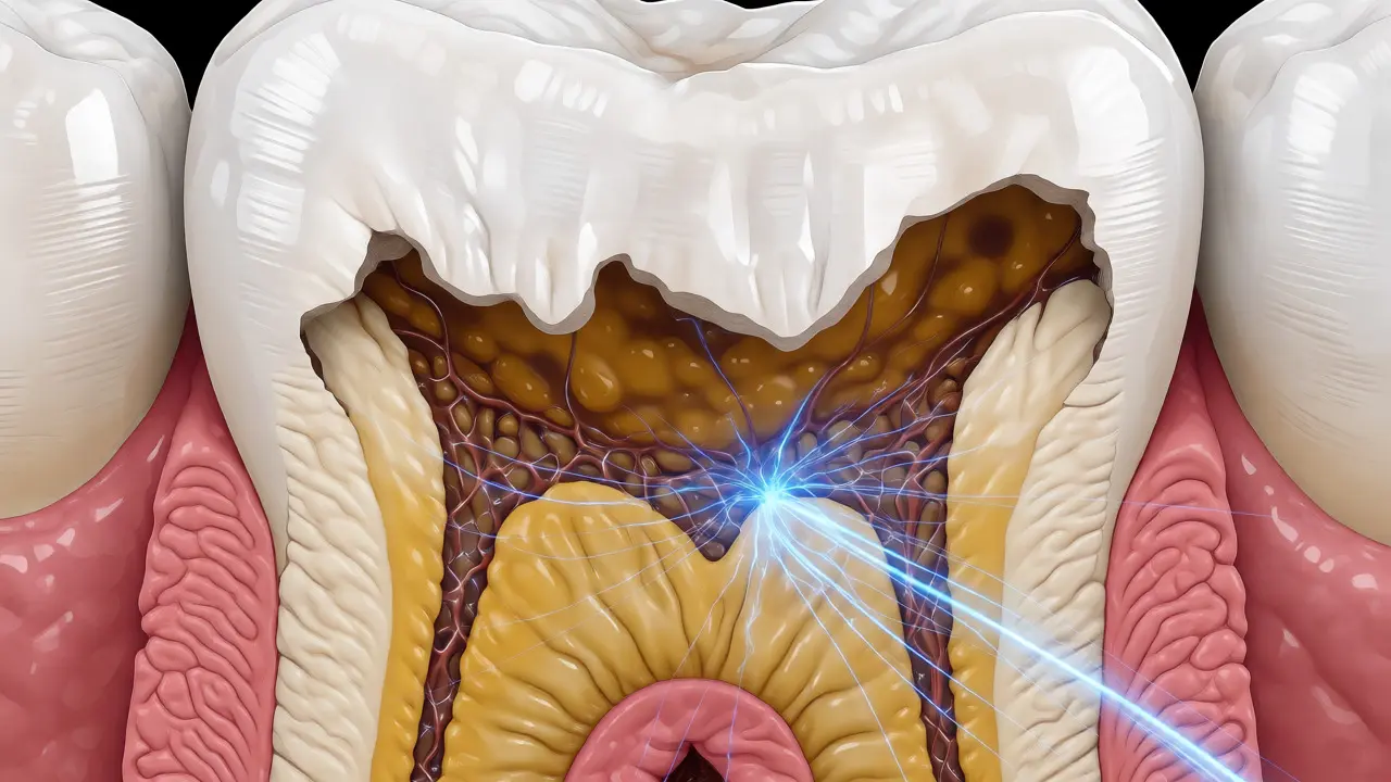 Řez zubem ukazující kaz v citlivém dentinu