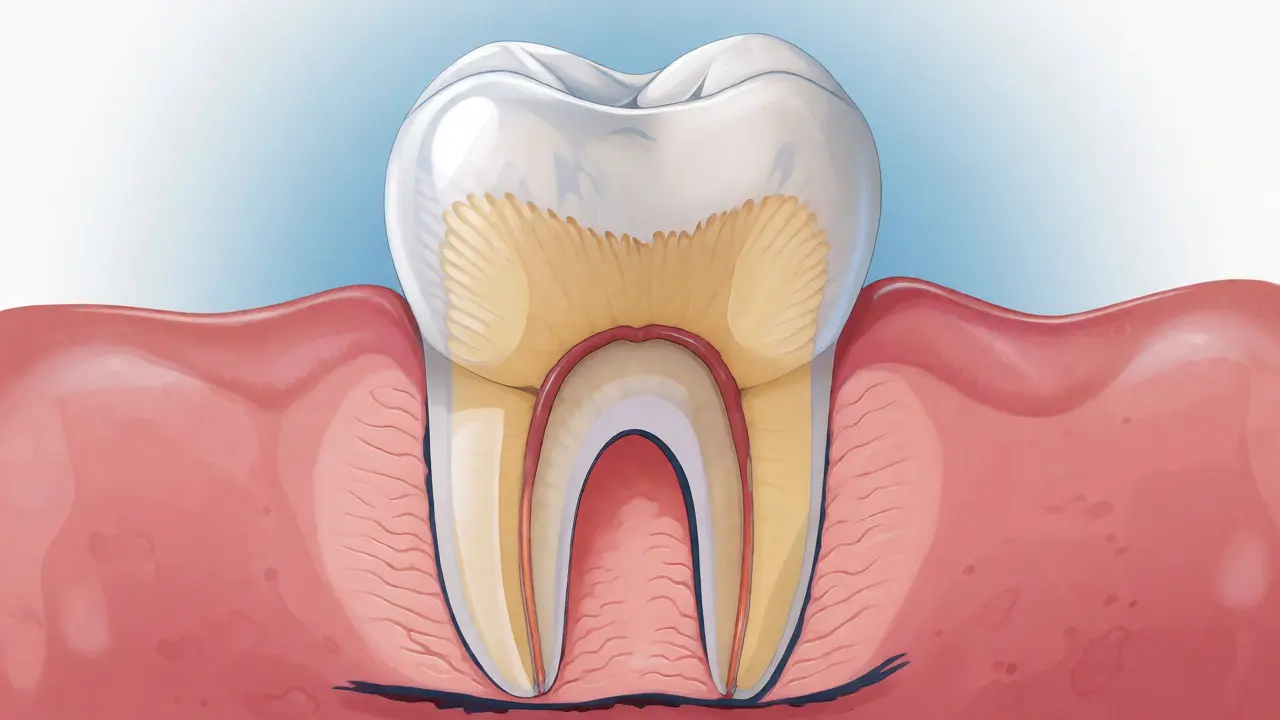 Řez zubem ukazující vrstvy skloviny, dentinu a dásně