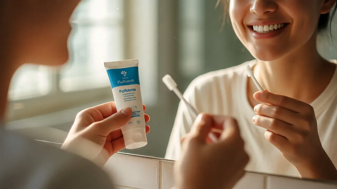Úsměv s neviditelnými plombami a hygienickými potřebami u zrcadla