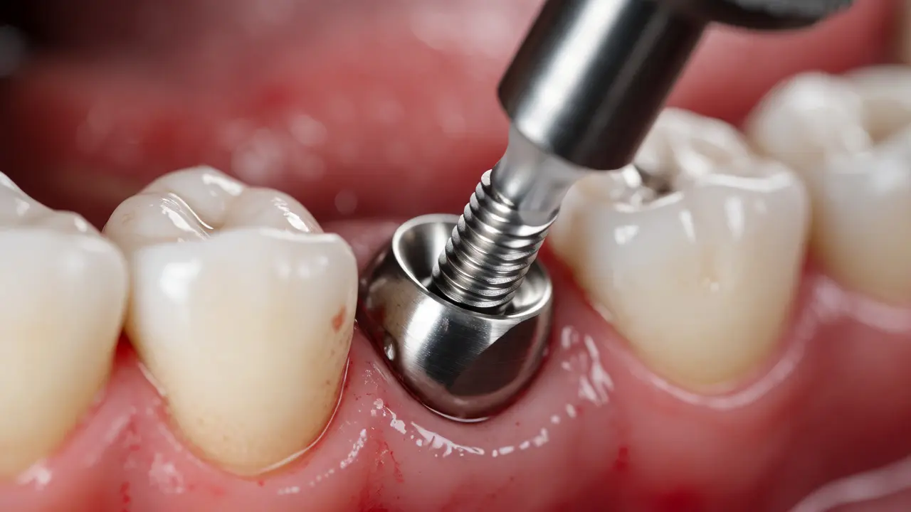 Vkládání titanového zubního implantátu do kosti při operaci